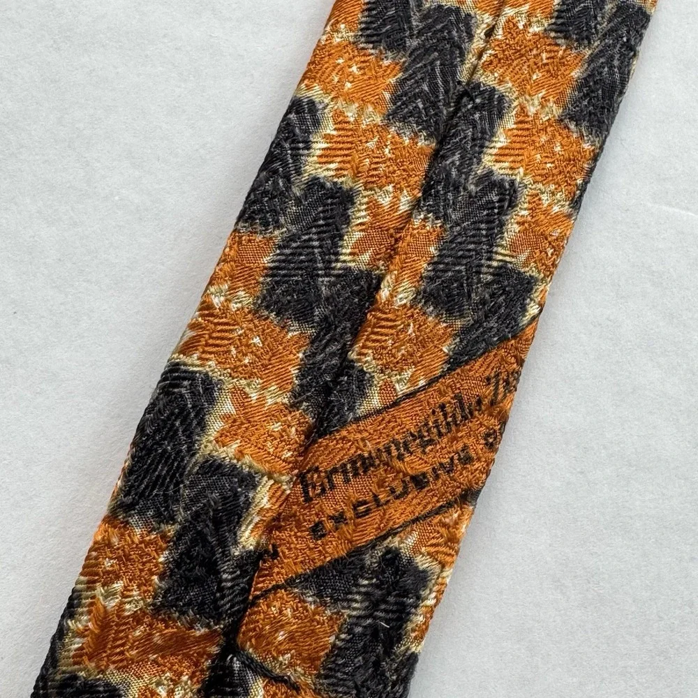 Ermenegildo Zegna Tie Men's Orange Black Houndstooth 100% Silk Made Italy